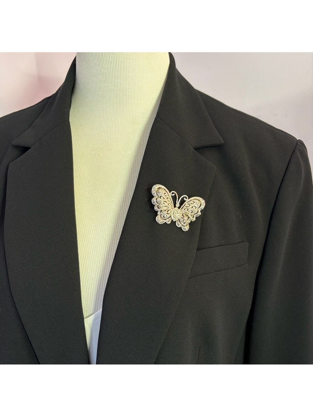 Silver Tone Rhinestone & Faux Marcasite  Butterfly Brooch